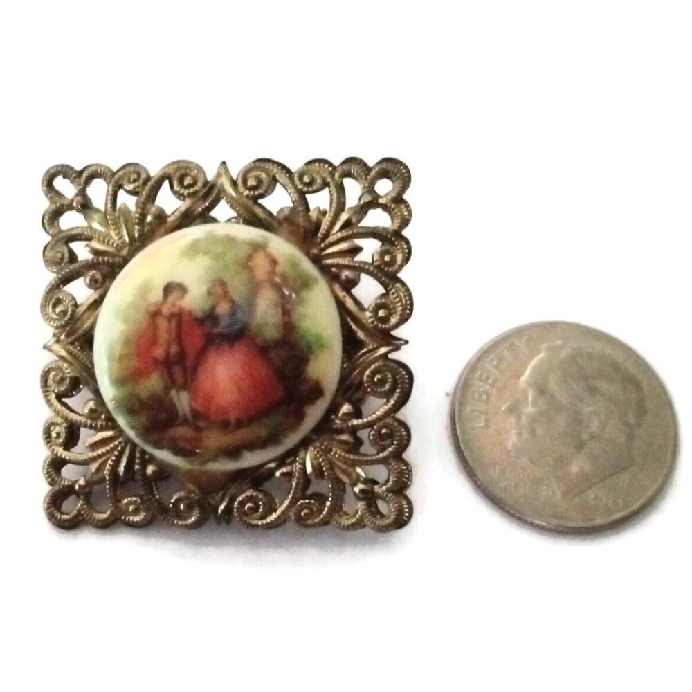 Vintage Western Germany Pin, Gold Filigree Small Square Scene Brooch